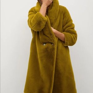 MANGO Fluffy Long Coat - Olive